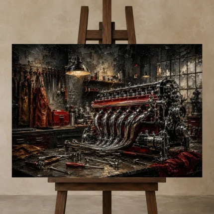 Panoramic Engine Vintage Garage Wall Art Canvas Print displayed on a studio easel