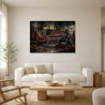 Panoramic Engine Vintage Garage Wall Art Canvas Print styled in a refined neutral interior