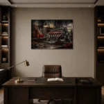 Panoramic Engine Vintage Garage Wall Art Canvas Print displayed in a contemporary gallery-inspired room