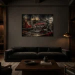 Panoramic Engine Vintage Garage Wall Art Canvas Print shown in a warm modern interior