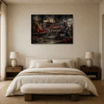 Panoramic Engine Vintage Garage Wall Art Canvas Print showcased in an elegant minimalist interior