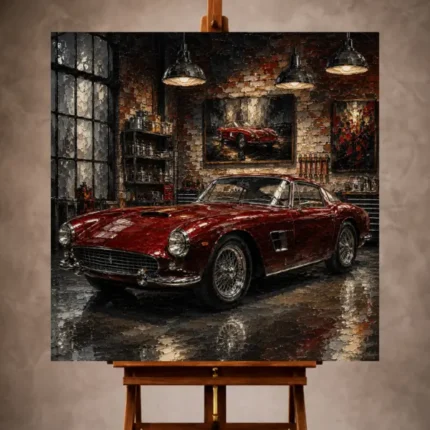Deep red and charcoal Vintage Garage Wall Art print featuring a restored 1960s-inspired grand touring coupe