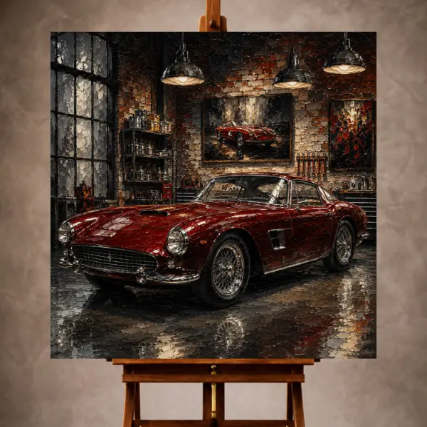 Premium Wall Art Kare Html Edition – THECİNEMAGARA046 Image 1 Deep red and charcoal Vintage Garage Wall Art print featuring a restored 1960s-inspired grand touring coupe