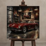 Deep Red 1960s Coupe Vintage Garage Wall Art Canvas Print displayed on a studio easel