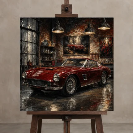 Deep Red 1960s Coupe Vintage Garage Wall Art Canvas Print shown in Studio Easel