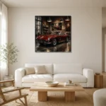 Deep Red 1960s Coupe Vintage Garage Wall Art Canvas Print styled in a refined neutral interior