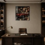 Deep Red 1960s Coupe Vintage Garage Wall Art Canvas Print displayed in a contemporary gallery-inspired room