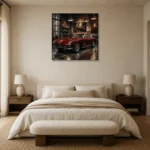 Deep Red 1960s Coupe Vintage Garage Wall Art Canvas Print showcased in an elegant minimalist interior
