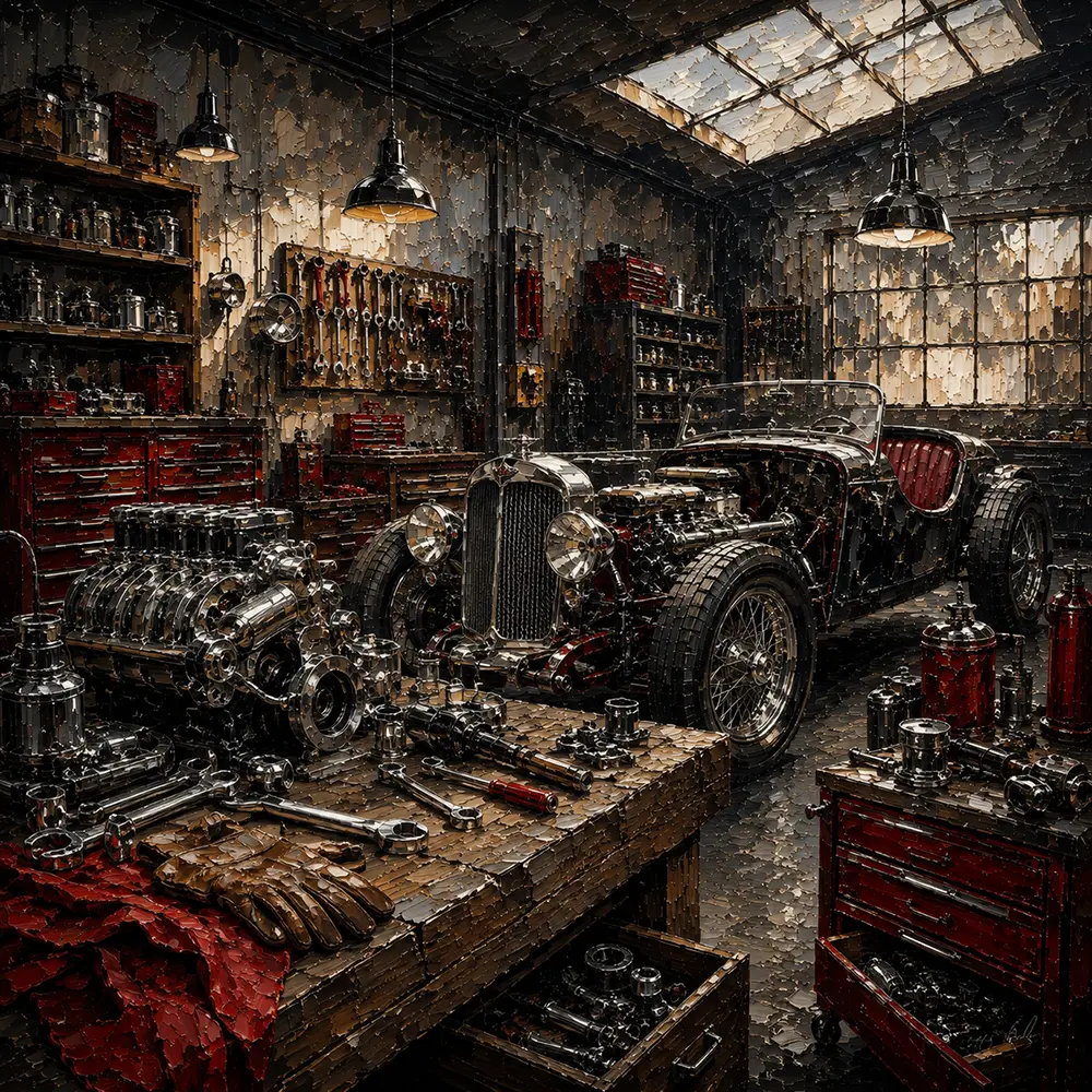 Crimson Roadster Restoration Vintage Garage Wall Art Canvas Print