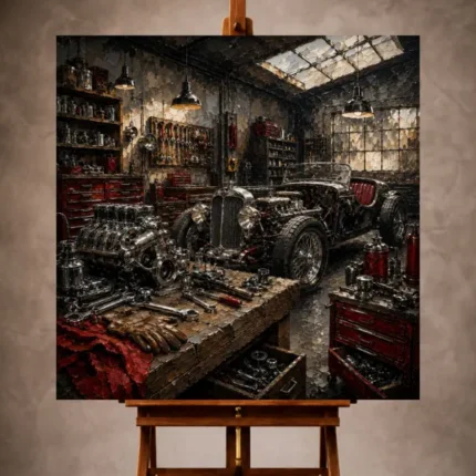 Charcoal and crimson Vintage Garage Wall Art print featuring a partially restored roadster in an elegant restoration workshop