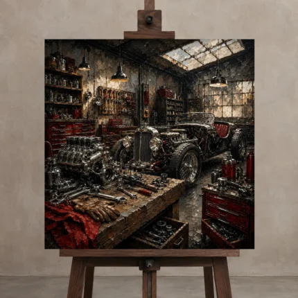 Crimson Roadster Restoration Vintage Garage Wall Art Canvas Print shown in Studio Easel