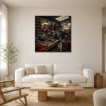 Crimson Roadster Restoration Vintage Garage Wall Art Canvas Print styled in a refined neutral interior