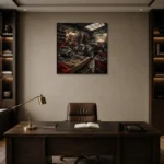 Crimson Roadster Restoration Vintage Garage Wall Art Canvas Print displayed in a contemporary gallery-inspired room