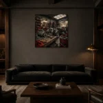 Crimson Roadster Restoration Vintage Garage Wall Art Canvas Print shown in a warm modern interior