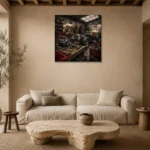 Crimson Roadster Restoration Vintage Garage Wall Art Canvas Print presented in a sophisticated home setting