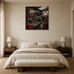 Crimson Roadster Restoration Vintage Garage Wall Art Canvas Print showcased in an elegant minimalist interior