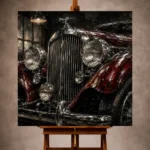Rich red and chrome Vintage Garage Wall Art print featuring a classic grille, rounded headlights, and flowing fenders