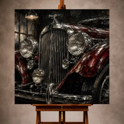 Rich red and chrome Vintage Garage Wall Art print featuring a classic grille, rounded headlights, and flowing fenders