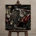 Rich Red Chrome Grille Vintage Garage Wall Art Canvas Print displayed on a studio easel