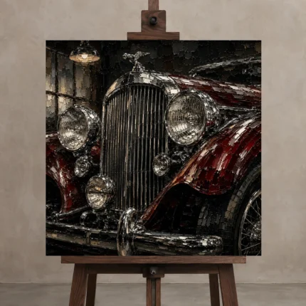 Rich Red Chrome Grille Vintage Garage Wall Art Canvas Print displayed on a studio easel