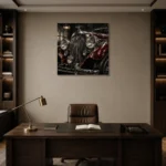 Rich Red Chrome Grille Vintage Garage Wall Art Canvas Print displayed in a contemporary gallery-inspired room