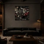 Rich Red Chrome Grille Vintage Garage Wall Art Canvas Print shown in a warm modern interior