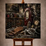 Charcoal and burgundy Vintage Garage Wall Art print featuring a vintage fuel pump, brass gauges, gloves, and chrome tools
