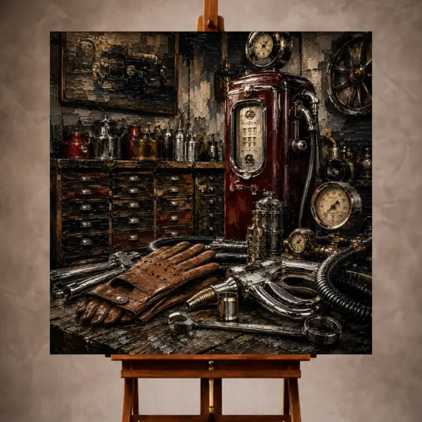 Premium Wall Art Kare Html Edition – THECİNEMAGARA049 Image 1 Charcoal and burgundy Vintage Garage Wall Art print featuring a vintage fuel pump, brass gauges, gloves, and chrome tools