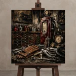 Burgundy Fuel Pump Vintage Garage Wall Art Canvas Print displayed on a studio easel