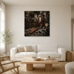 Burgundy Fuel Pump Vintage Garage Wall Art Canvas Print styled in a refined neutral interior
