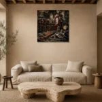 Burgundy Fuel Pump Vintage Garage Wall Art Canvas Print presented in a sophisticated home setting