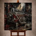 Charcoal and chrome Vintage Garage Wall Art print featuring an engineered automobile engine with riveted steel details