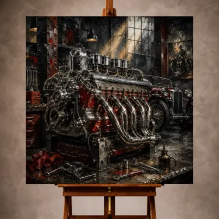 Charcoal and chrome Vintage Garage Wall Art print featuring an engineered automobile engine with riveted steel details