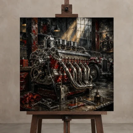 Engine Workshop Vintage Garage Wall Art Canvas Print shown in Studio Easel