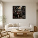 Engine Workshop Vintage Garage Wall Art Canvas Print styled in a refined neutral interior