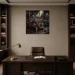 Engine Workshop Vintage Garage Wall Art Canvas Print displayed in a contemporary gallery-inspired room