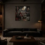 Engine Workshop Vintage Garage Wall Art Canvas Print shown in a warm modern interior