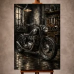 Cinematic Motorcycle Garage Wall Art print featuring a vintage steel motorcycle under dramatic workshop lighting for sophisticated interiors
