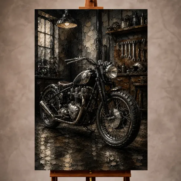 Premium Wall Art Dikey Html Edition – THECİNEMAGARA051 Image 1 Cinematic Motorcycle Garage Wall Art print featuring a vintage steel motorcycle under dramatic workshop lighting for sophisticated interiors
