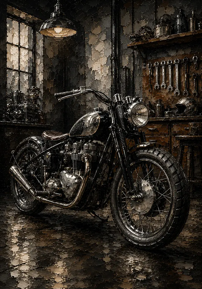 Cinematic Steel Motorcycle Garage Wall Art Canvas Print