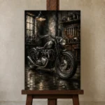 Cinematic Steel Motorcycle Garage Wall Art Canvas Print displayed on a studio easel