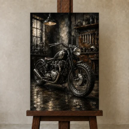 Cinematic Steel Motorcycle Garage Wall Art Canvas Print shown in Studio Easel
