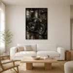 Cinematic Steel Motorcycle Garage Wall Art Canvas Print styled in a refined neutral interior