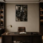 Cinematic Steel Motorcycle Garage Wall Art Canvas Print displayed in a contemporary gallery-inspired room