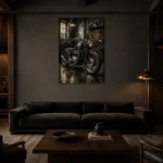 Cinematic Steel Motorcycle Garage Wall Art Canvas Print shown in a warm modern interior