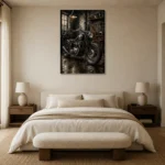 Cinematic Steel Motorcycle Garage Wall Art Canvas Print showcased in an elegant minimalist interior