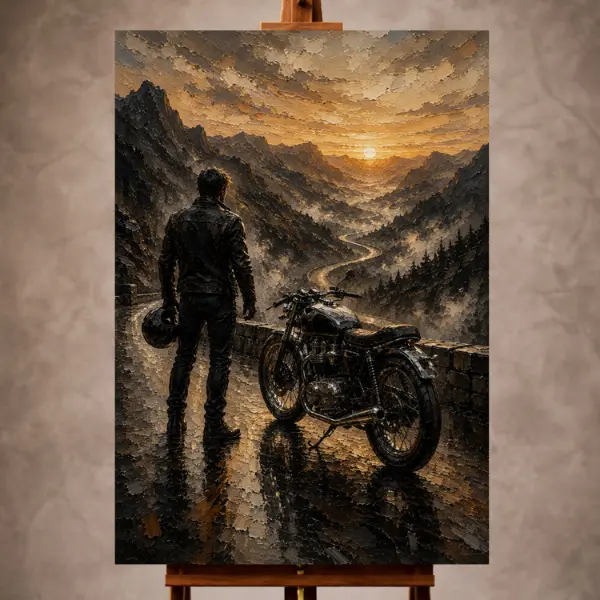 Premium Wall Art Dikey Html Edition – THECİNEMAGARA052 Image 1 Warm amber Motorcycle Garage Wall Art print featuring a lone rider and classic motorcycle above a misty mountain highway