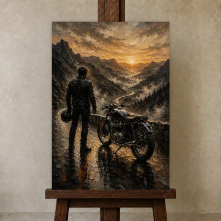 Amber Horizon Motorcycle Garage Wall Art Canvas Print shown in Studio Easel