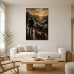 Amber Horizon Motorcycle Garage Wall Art Canvas Print styled in a refined neutral interior