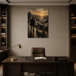Amber Horizon Motorcycle Garage Wall Art Canvas Print displayed in a contemporary gallery-inspired room